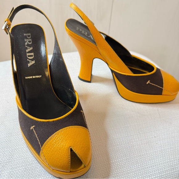 PRADA Brown & Mustard Yellow Leather Textile Heels 8.5 - Picture 1 of 16